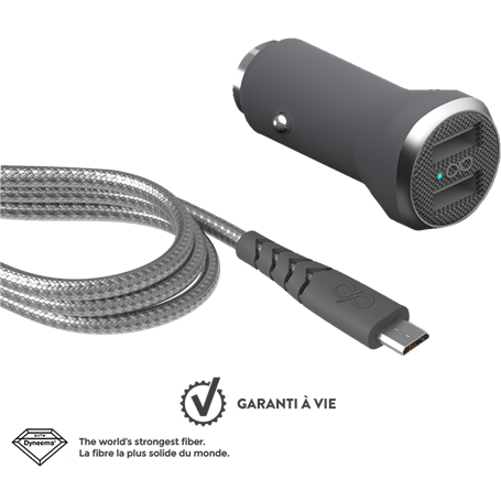 Chargeur voiture 4.8A (2.4+2.4A) IC Smart + Câble renforcé USB A/micro