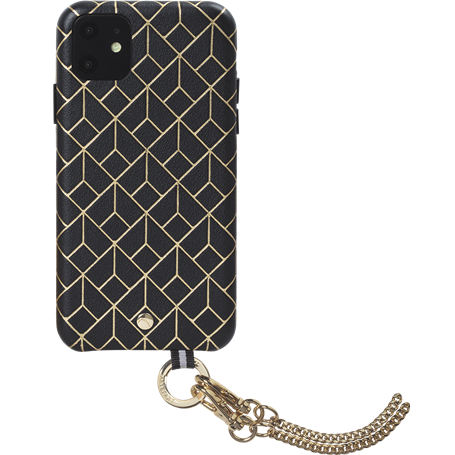 Coffret coque en Cuir embossé St Germain Noire avec bandoulière dorée 