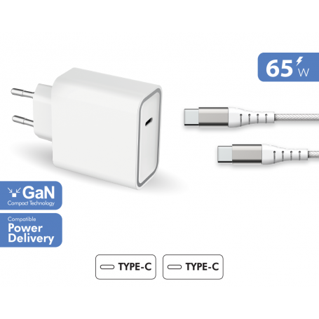 Chargeur maison 65W Power Delivery GaN + Câble Renforcé USB C/USB C Bl