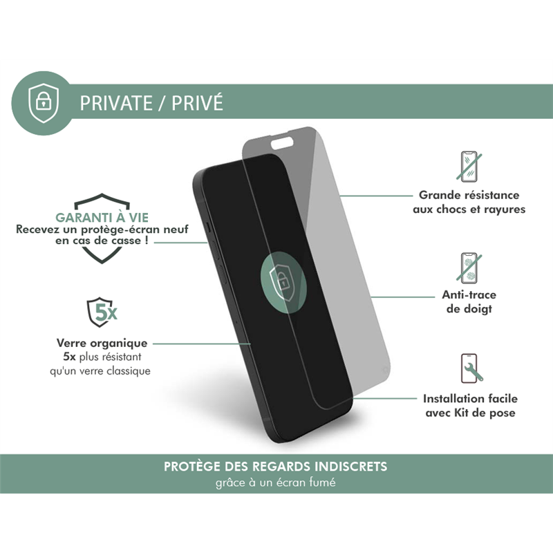 Image secondaire de Protège écran iPhone 14 Pro Max Plat Privé - Garanti à vie Force Glass