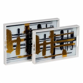 Plateau apéritif Blanc Noir Doré PVC Verre Abstrait 45 x 31 x 4,2 cm (