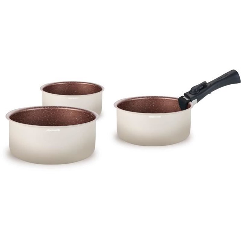 Image secondaire de Batterie de cuisine - Tous feux dont induction - ARTHUR MARTIN - AM2655 - Set de 3 casseroles -16-18-20 cm + 1 poignée a