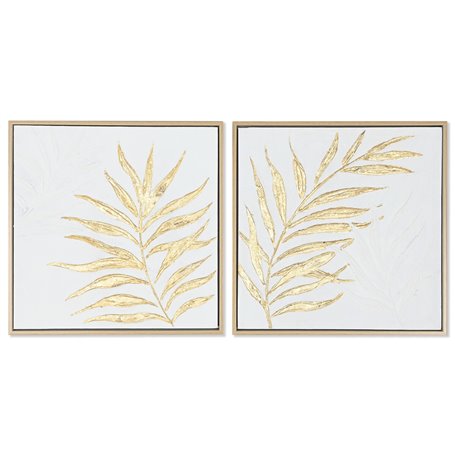 Cadre Home ESPRIT Blanc Doré Toile Bois MDF Moderne Feuille d'une plante 42 x 4 x 42 cm (2 Unités)