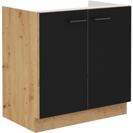 Meuble sous evier - MODENA - 80 cm - 2 portes battantes - Chene artisan et noir mat - CUISINIER