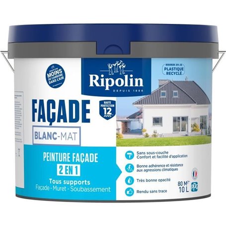 Peinture façade classic 2 en 1 - RIPOLIN - 474646 - Blanc - Mat - 10 L