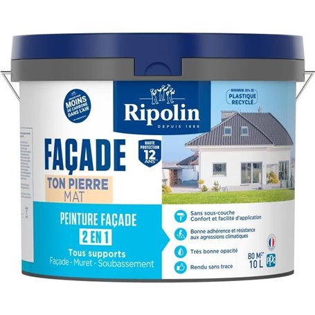 Peinture façade classic 2 en 1 - RIPOLIN - 474647 - Ton pierre - Mat - 10 L