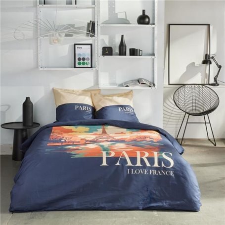 Parure de lit - TODAY - JAVA - 2 personnes - 240x220 cm - Coton - Imprimé Paris - Bleu