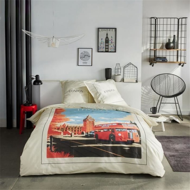 Parure de lit - TODAY - JAVA - 2 personnes - 240x220 cm - Coton - Imprimé London - Blanc cassé