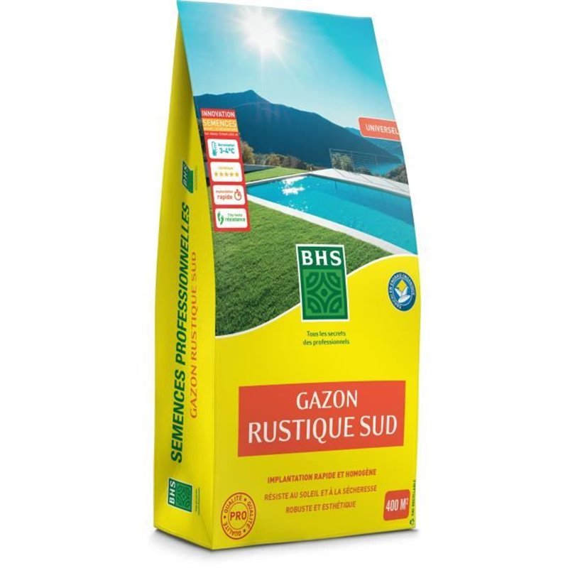 Gazon - BHS - Gazon Rustique Sud - 10kg - Résistant aux conditions sèches grâce à la fétuque élevée. Rapide et homogène.