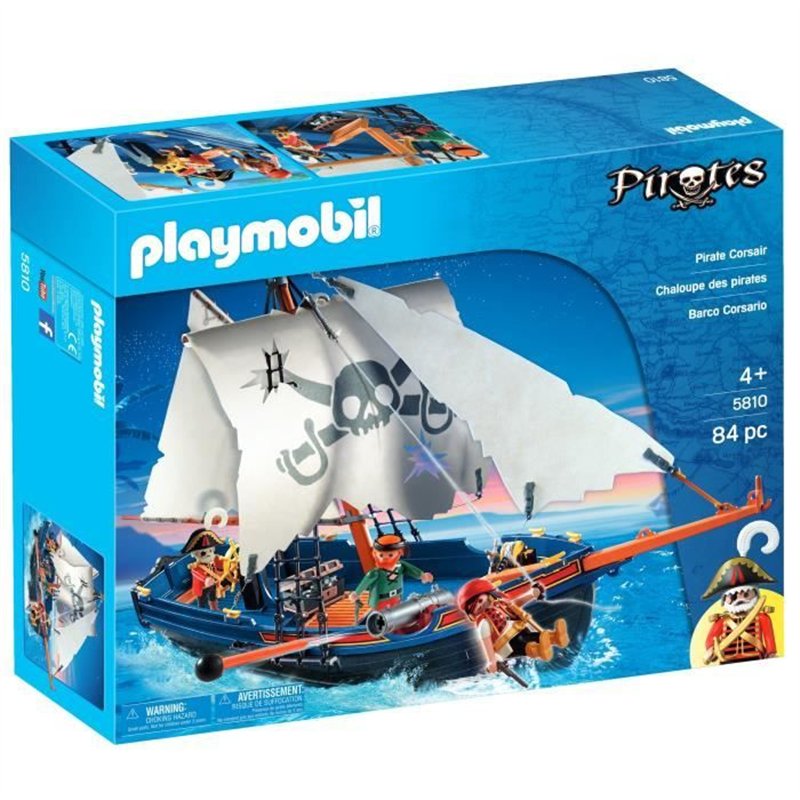 PLAYMOBIL 5810 Chaloupe des pirates, avec canon, Flotte dans l'eau, 3 personnages, 84 pieces, Les pirates, Des 4 ans