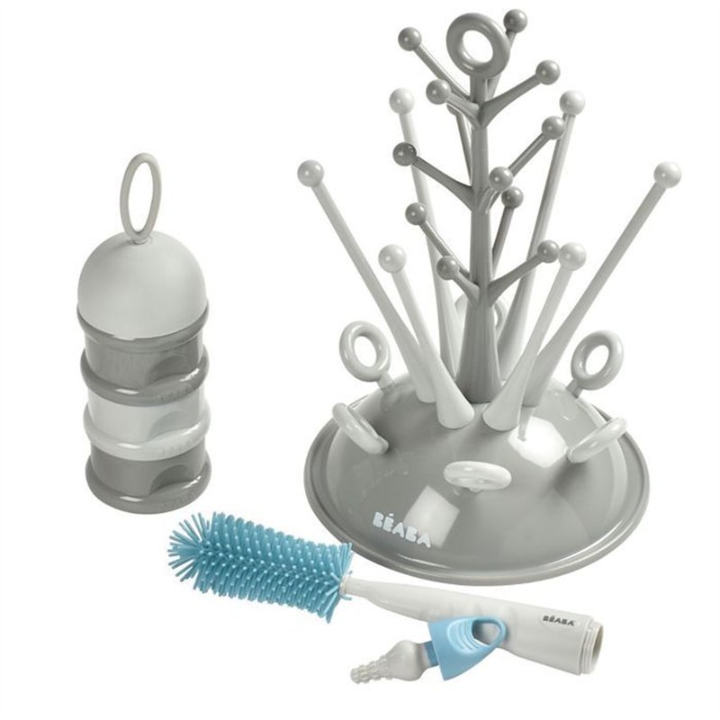 BEABA, Coffret naissance, Egoutte biberon arbre grey + Boite doseuses light/dark mist + Goupillon silicone + Bavoir coton tropic