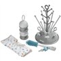 BEABA, Coffret naissance, Egoutte biberon arbre grey + Boite doseuses light/dark mist + Goupillon silicone + Bavoir coton tropic