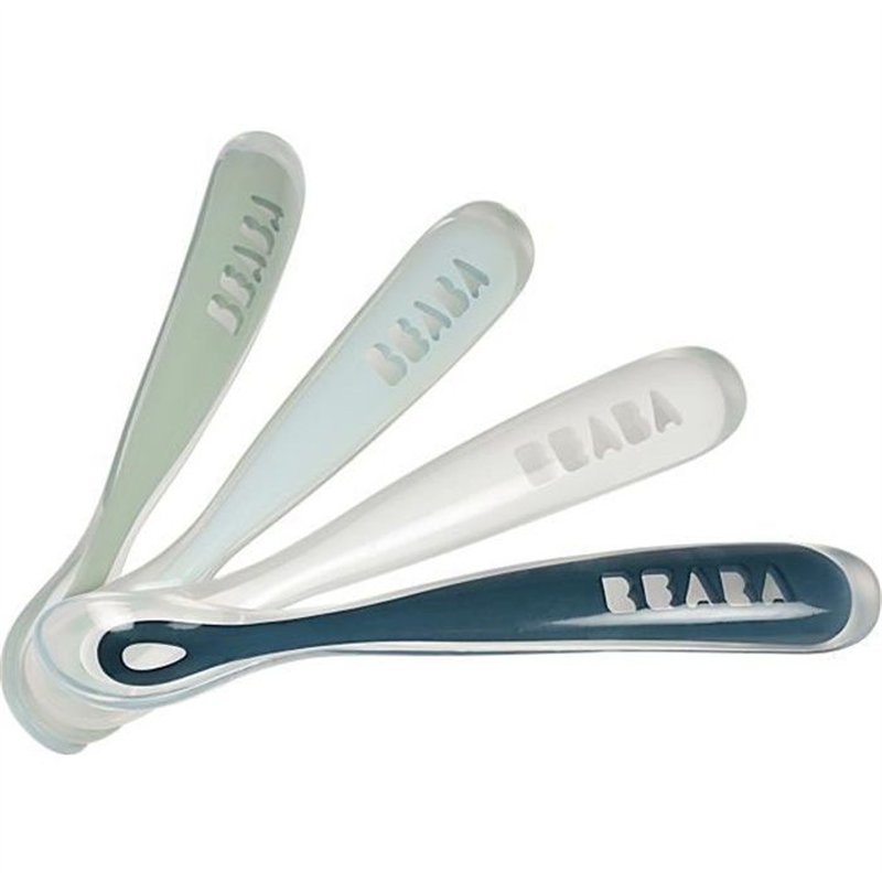 Cuillères en silicone pour bébé BEABA - Lot de 4 - Souple et ergonomique - Storm