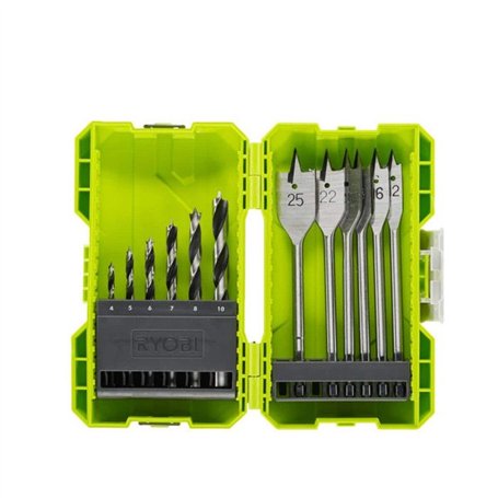 RYOBI - Coffret empilable perçage bois 12 accessoires (6 forets + 6 meches plates) - RAK12SWD