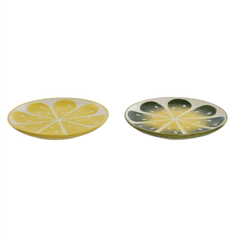Assiette plate Home ESPRIT Jaune Vert Grès Citron 22,5 x 22,5 x 2,5 cm (2 Unités)