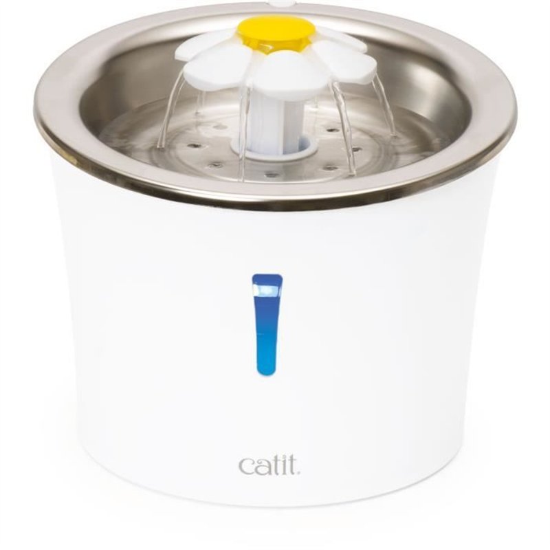 Fontaine a eau pour chat a fleur - CATIT - Flower - 3L - Dessus en acier inoxydable - Avec LED - Blanc