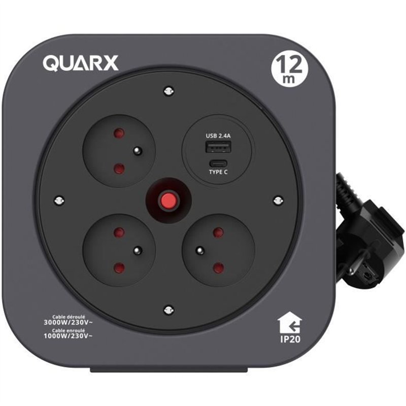 Enrouleur - QUARX - S-Box - 12m, 3 prises 16A, USB Type A et C