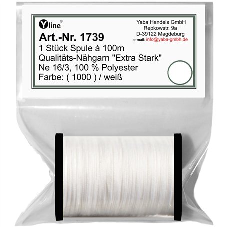1739 Bobine de fil à coudre extra fort 100 m Blanc Ne 16/3 100% polyester pour machine à coudre 100% polyester