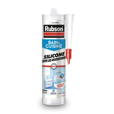 Rubson, Mastic Bain & Cuisine Silicone Évite Les Moisissures Blanc (cartouche de 280 ml) – Mastic sanitaire à base de silicone –