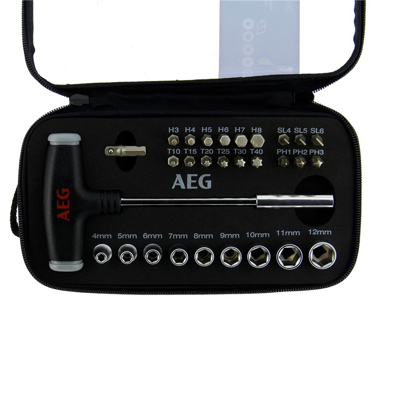AEG 005069 Coffret d'Embouts et Poignée (Embouts hexagonaux, 6 pans, Tournevis plats et cruciformes)