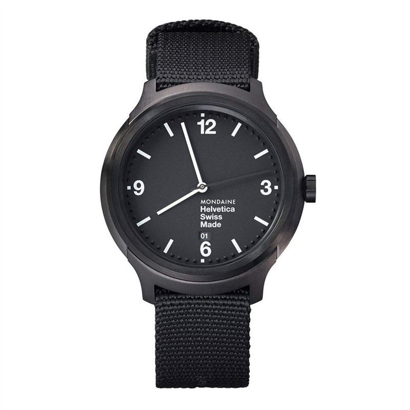 Mondaine Helvetica Bold, Montre Bracelet en Nylon Noir pour Homme et Femme, MH1.B1221.NB, 43 MM.
