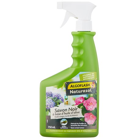 ALGOFLASH NATURASOL Savon Noir prêt à l'emploi, pour jardin, plantes d’intérieur et entretien maison, Pulvérisateur 750 ml, BIOS