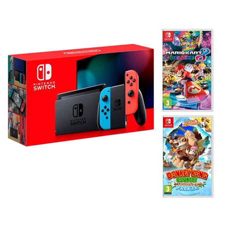 Nintendo Switch Console Rouge/Bleu Néon 32Go Pack + Mario Kart 8 Deluxe + Donkey Kong: Tropical Freeze