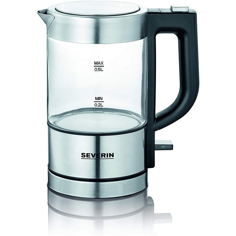 SEVERIN Bouilloire en Verre 0,5L, 1 100 W, sans BPA, Filtre Anticalcaire Amovible, Ouverture à une main, Socle 360°, WK 3472, Ac