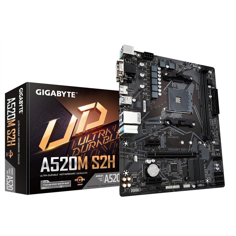 GIGABYTE Carte mère A520M S2H - Prend en charge les processeurs AMD Ryzen série 5000 AM4, VRM numérique pur 4+3 phases, jusqu'à 