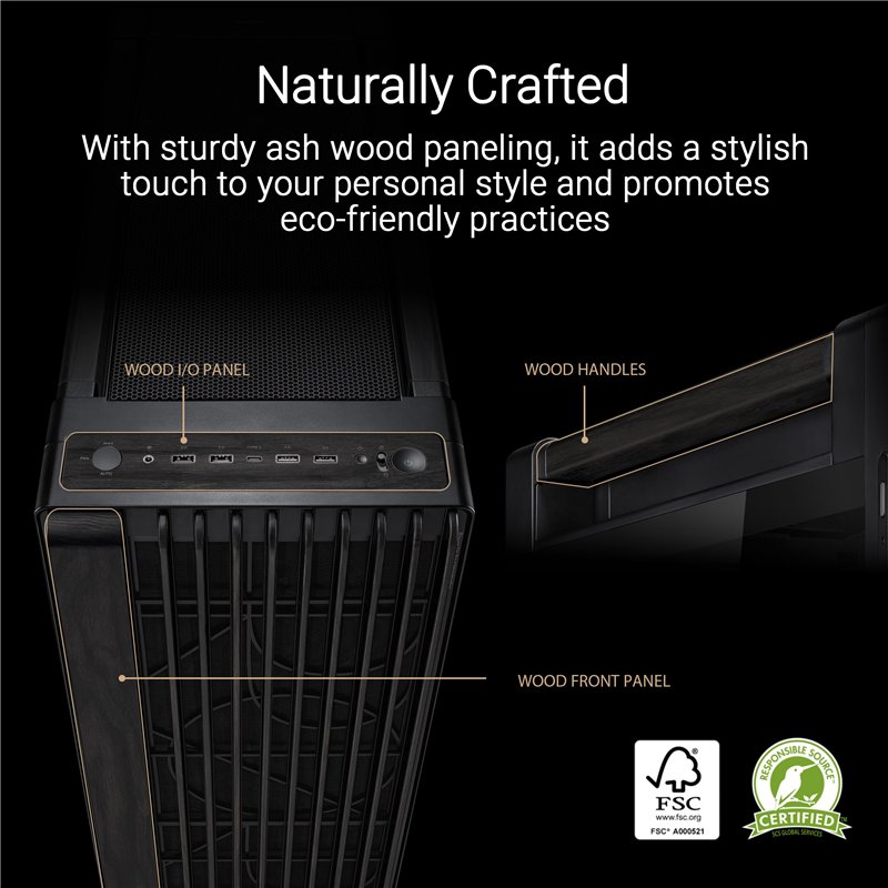 Image secondaire de ASUS ProArt PA602 Wood Edition Panneau en métal – Boîtier PC E-ATX (Support de radiateur de 420 mm, Un Ventilateur système préin