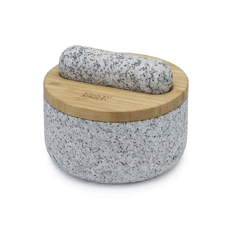 Joseph Joseph Dash Pilon et Mortier Cusine en Pierre, Granit naturel avec couvercle en bambou, outil de broyage pour moudre les