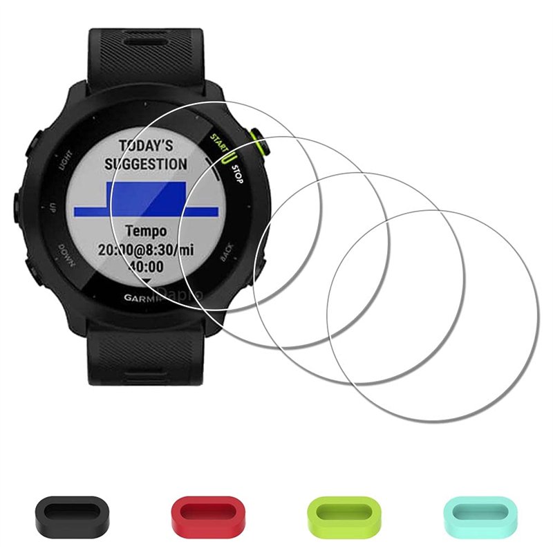 iDaPro [4Pcs Protection d'Ecran pour Garmin Forerunner 55+[4Pcs] Bouchons anti-poussière silicone,Verre Trempé,Dureté 9H,Anti-ra