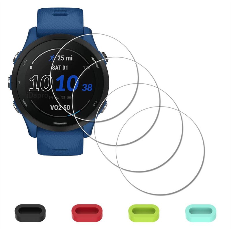 iDaPro [4Pcs Protection d'Ecran pour Garmin Forerunner 255/255 Music 46mm+[4Pcs] Bouchons anti-poussière silicone,Verre Trempé,D