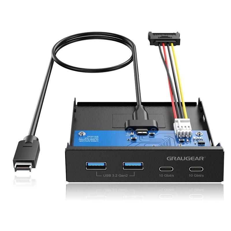 GRAUGEAR Panneau Avant 4 Ports 10Gbit/s, 2X USB-C+2X USB-A HUB USB3.2 Gen2, Panneau Avant pour Baie 3,5 Pouces, USB3.2 Gen2 Key 