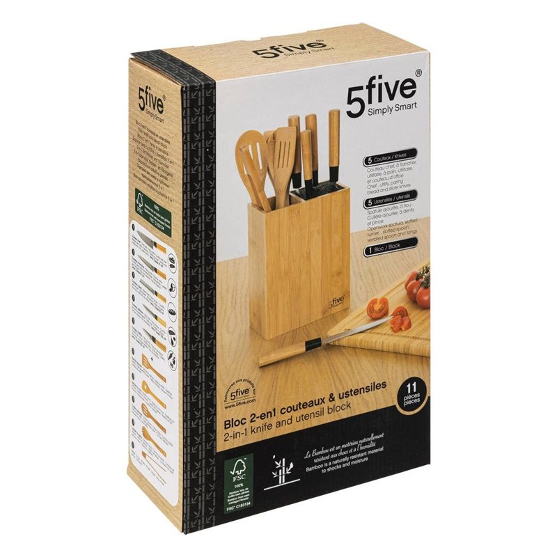 Image secondaire de Bloc 5 couteaux & 5 ustensiles manche bambou - 5 five simply smart
