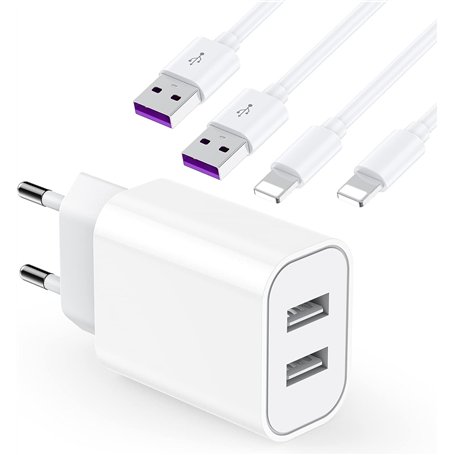 Chargeur Rapide iPhone 【Certifié MFi Apple】 Chargeur USB et 2 Câble Lightning de 2 m Adaptateur Secteur USB Universel Mural Char