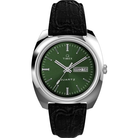 Timex Q Montre pour Hommes, 37,5 mm, Bracelet en Cuir Noir à Ouverture Rapide, en Deux pièces, Cadran Vert, boîtier en Acier Ino