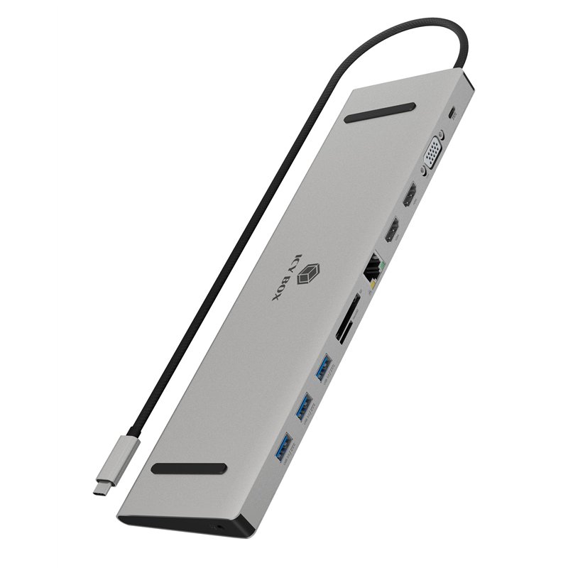 ICY BOX Station d'accueil USB-C (11 en 1) pour 2 moniteurs (2 x HDMI et 1 x VGA), 4K 60 Hz, 3 hubs USB 3.0, 100 W Power Delivery