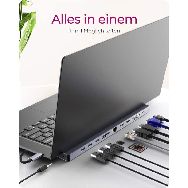 Image secondaire de ICY BOX Station d'accueil USB-C (11 en 1) pour 2 moniteurs (2 x HDMI et 1 x VGA), 4K 60 Hz, 3 hubs USB 3.0, 100 W Power Delivery