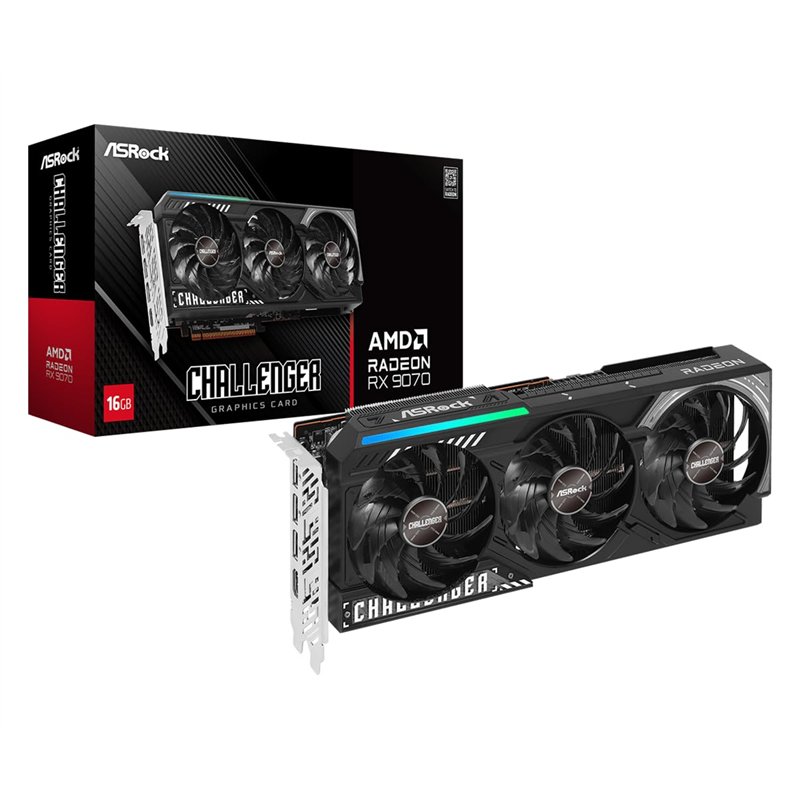 ASRock AMD Radeon RX 9070 Challenger 16 Go 2520 MHz 20 Gbps GDDR6 256 bits GPU RT+AI Accelerators PCIe5.0 2 x 8 broches Triple v