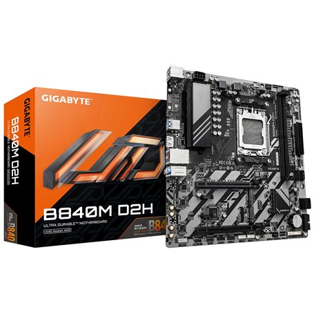 GIGABYTE B840M D2H Carte mère - Processeurs AMD Ryzen 9000, VRM 5+2+2 Phases, jusqu'à 7600 MHz DDR5, 1xPCIe 4.0 + 1xPCIe 3.0 M.2