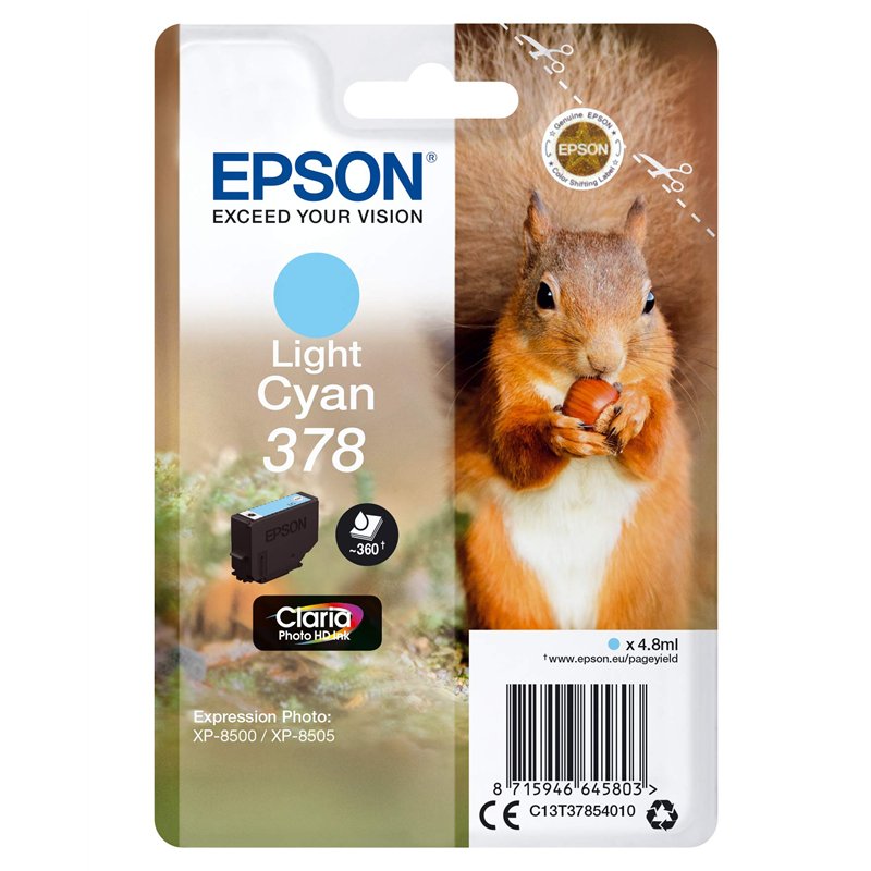 Epson 378 Ecureuil Cyan clair, Cartouche d'encre d'origine, XP-8500 XP-8505 XP-8600 XP-8605 XP-8606 XP-8700