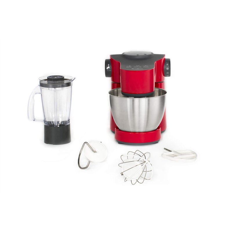 Moulinex QA311510 Robot Pâtissier avec Blender Wizzo Pétrin Fouet Flex Batteur Électrique 7 Vitesses Pulse 1000W Cuisine Rouge