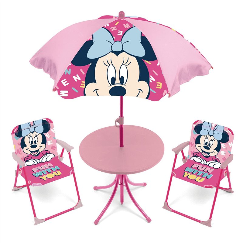 ARDITEX WD14418 Ensemble Table (50 x 50 x 48 cm) avec 2 chaises (38 x 32 x 53 cm) et Parasol (diamètre 110 cm) Motif Minnie de D