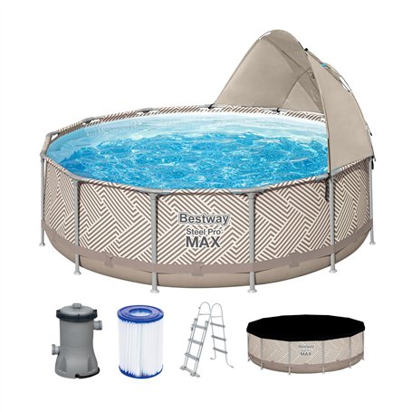 Piscine hors sol ronde Steel Pro Max™ 396 x 107 cm, filtre à cartouche, bâche, auvent, échelle, Beige