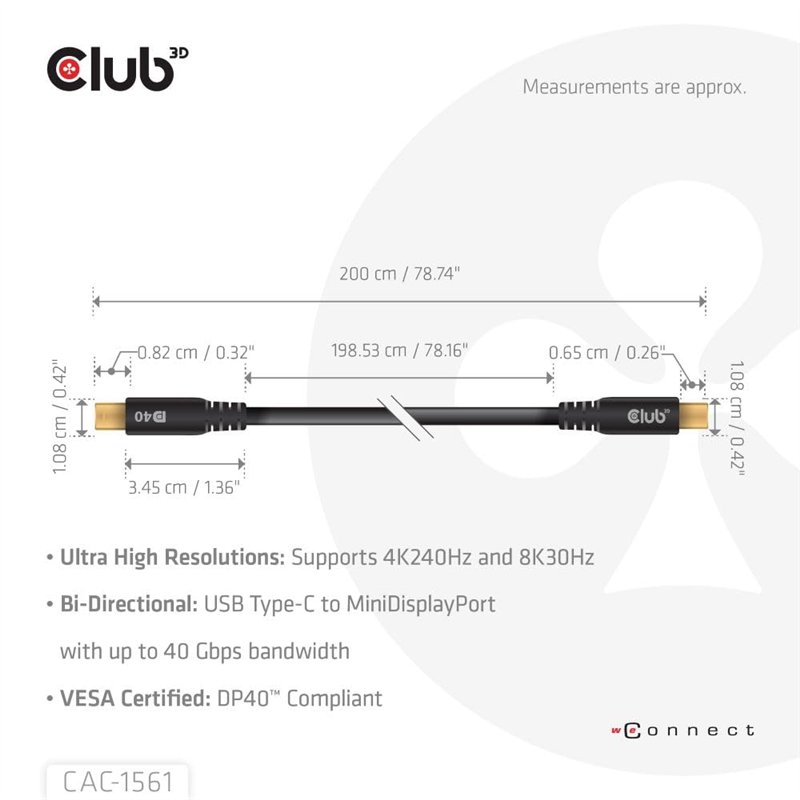 Image secondaire de CLUB3D CAC-1561 câble DisplayPort 2 m Mini DisplayPort USB Type-C Noir