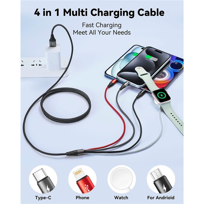 Image secondaire de 4 en 1 Câble pour Chargeur Apple Watch,1.2m Chargeur iPhone et Câble USB C Charge Rapide Cable Multi Chargeur Cable Apple Watch 