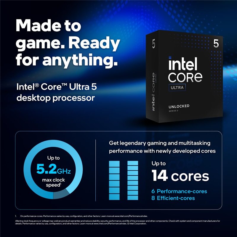 Image secondaire de Intel® Core™ Ultra 5 245KF processeur pour PC de Bureau 14 cœurs (6 P-Cores + 8 E-Cores) jusqu'à 5,2 GHz