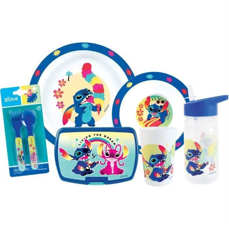 Lot vaissele - FUN HOUSE - STITCH ET ANGEL - Verre, assiette Ø22 cm et Ø16 cm, couverts, gourde et boite goûter