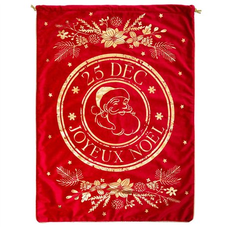 FEERIC CHRISTMAS - Grande Hotte de Noël en Velours Rouge & Impression Père Noël dorée 50 x 70 cm